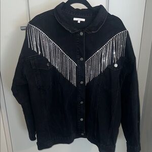 Buckle Black Jean Jacket with Rhinestone Fringe (Worn Once)